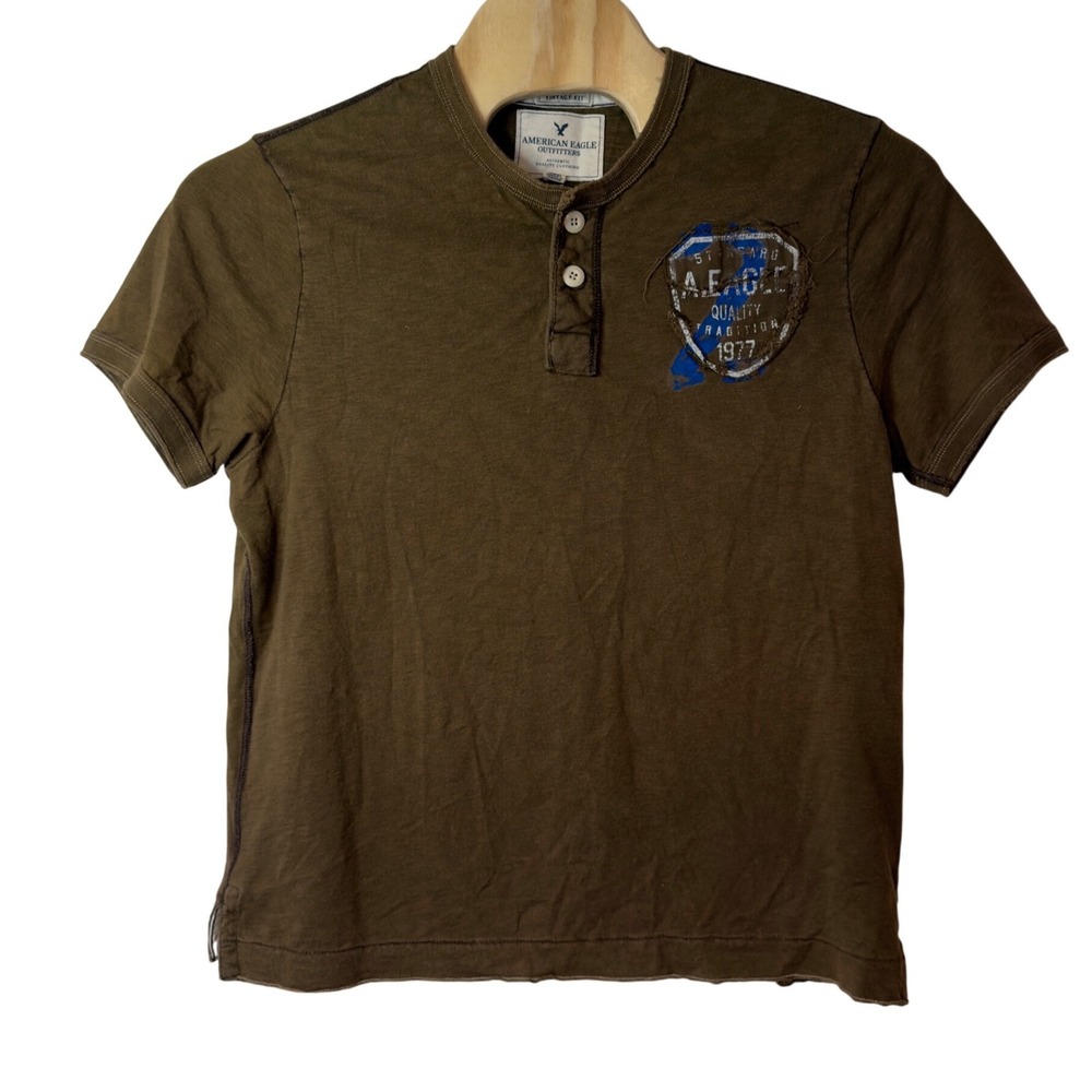 American Eagle Y2K Vintage Fit Short Sleeve Henley Shirt Size XL Embroidered